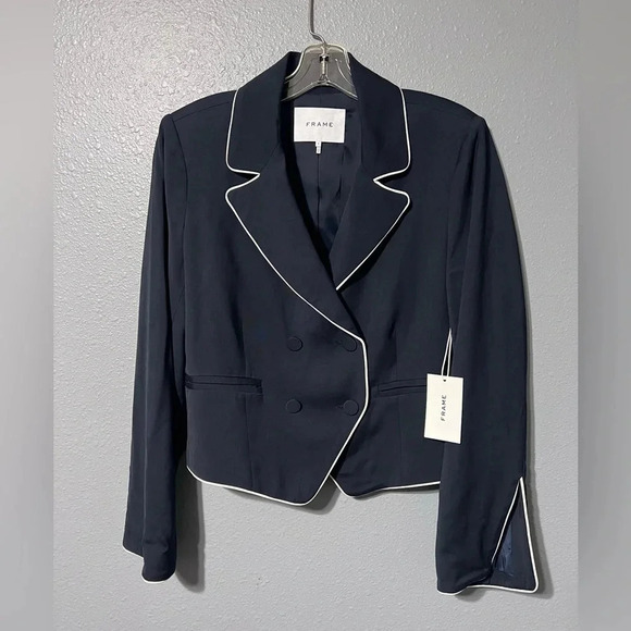 Frame Women’s Piped Cropped Blazer Jacket Navy / White Sz 8 NWT Lined - Picture 4 of 8